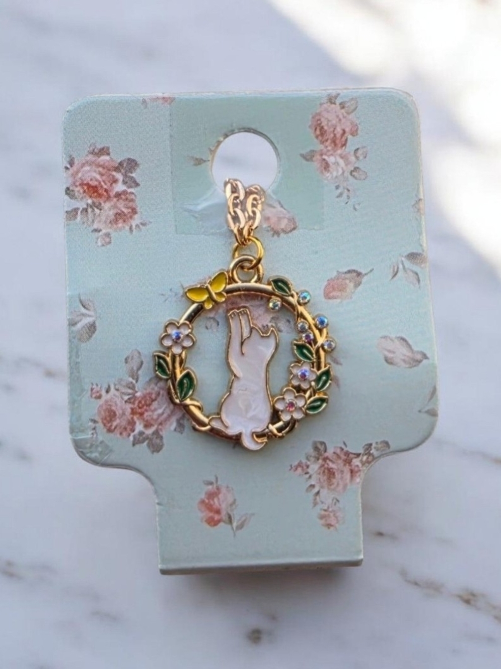 Gold Floral Cat Pendant Necklace - White Cat